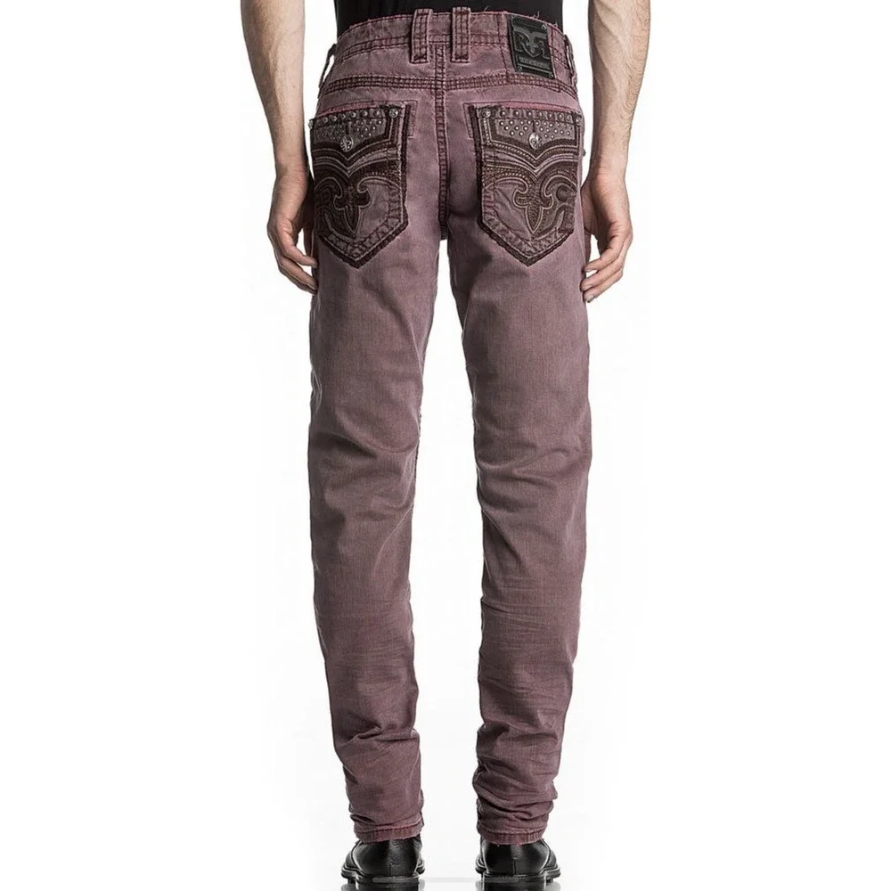 NEW Rock Revival Reid K6 Biker Jeans Men's 42 x 32 Burgundy Flex Stretch Pants